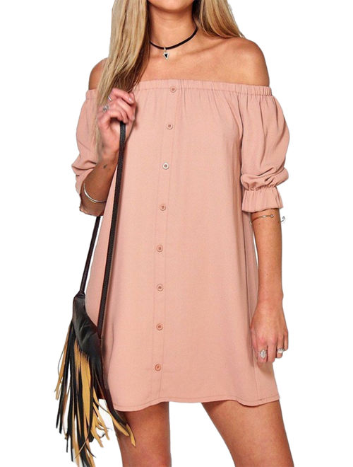 StylesILove Women 3/4 Sleeve Off Shoulder Casual Loose Mini Dress (Small, Pink)
