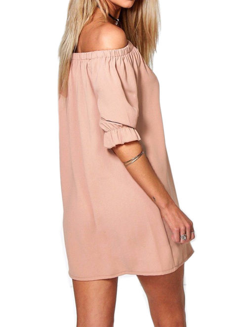 StylesILove Women 3/4 Sleeve Off Shoulder Casual Loose Mini Dress (Small, Pink)