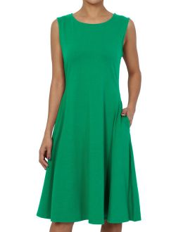 Women's S~3X Sleeveless Stretch Cotton Jersey Fit and Flare Dress W Pocket