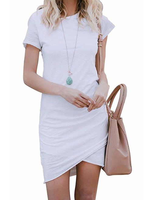 Womens Short Sleeve Sheath Dress Solid Color Irregular Hem Summer Bodycon Mini Dress