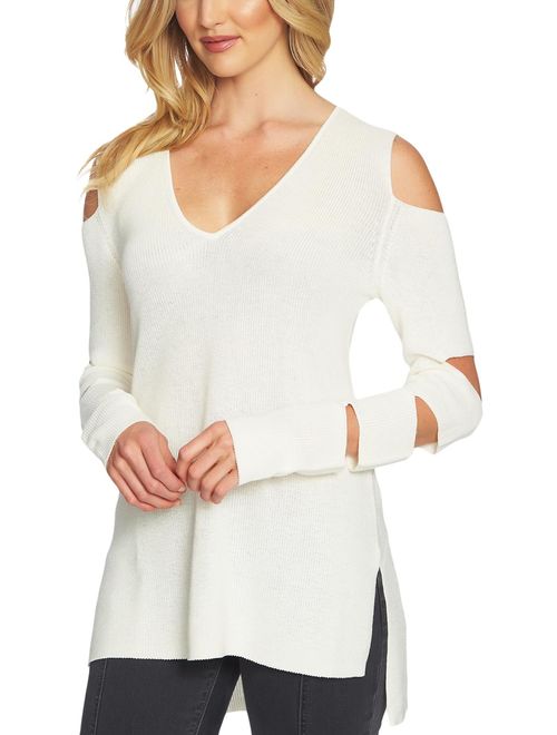 1.State Womens Cold-Shoulder Hi-Low Pullover Sweater