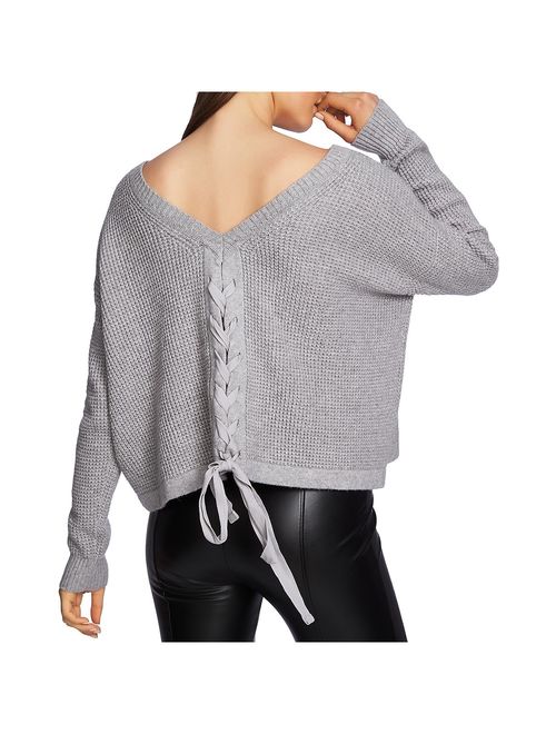 1.State Womens Lace-Up Wafflestitch Pullover Sweater