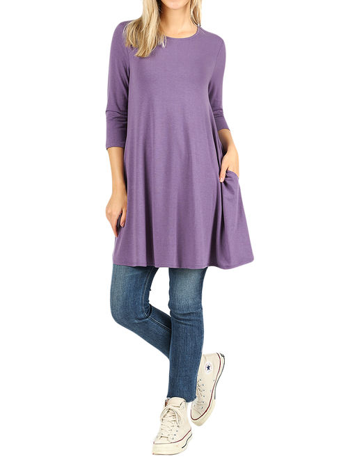 Women Round Neck Long or 3/4 Sleeve Flattering Comfy Swing Tunic Loose Fit Flowy Top