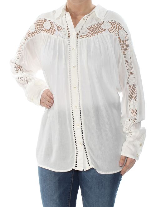 FREE PEOPLE Womens White Crochet Inset Long Sleeve Collared Button Up Top Size: S