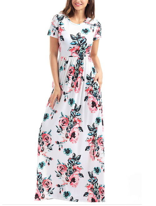 Summer Bench Short Sleeve Floral Print Women Casual Long Maxi Dress