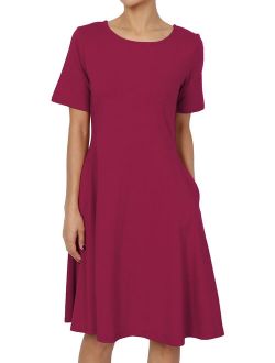Women's S~3X Short Sleeve Stretch Cotton Jersey Fit & Flare Dress W Pocket