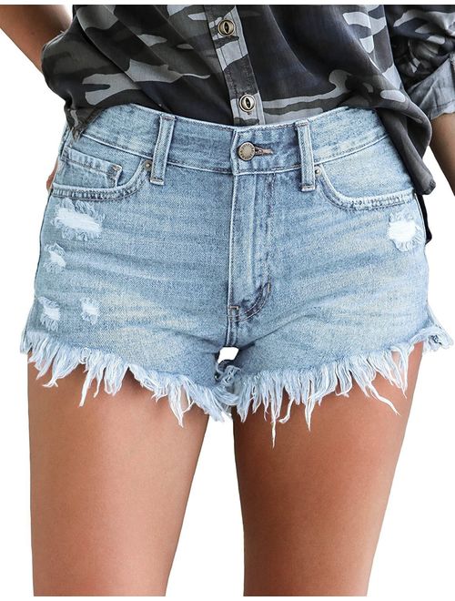 luvamia Women's Mid Rise Shorts Frayed Raw Hem Ripped Denim Jean Shorts