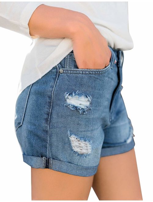 LookbookStore Women's Mid Rise Rolled Hem Distressed Jeans Ripped Denim Shorts