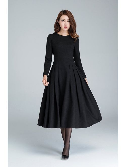 Long black dress, wool dress, winter dress, pleated dress, handmade dress, ladies dresses, black dress, long sleeve dress, midi dress 1614#