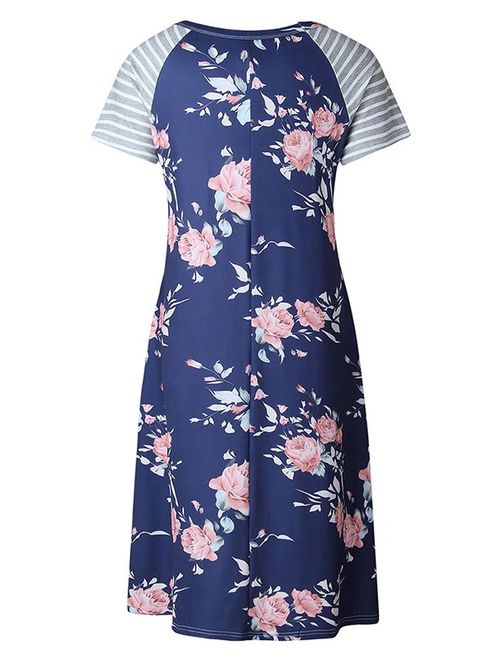 Nlife Women Striped Sleeve Floral Print A-line T-shirt Dress