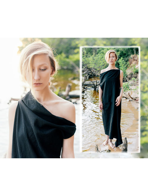 Black linen dress, natural summer clothes, everyday organic woman wear, one shoulder loose long tunic, bohemian minimalist kaftan ~Asteya~