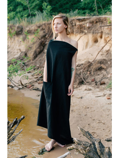 Black linen dress, natural summer clothes, everyday organic woman wear, one shoulder loose long tunic, bohemian minimalist kaftan ~Asteya~