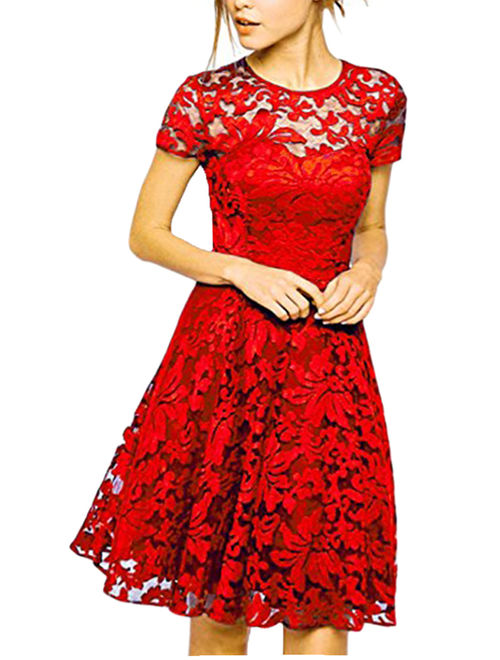 Women Lace Floral Short Sleeve Evening Party Wedding Dress