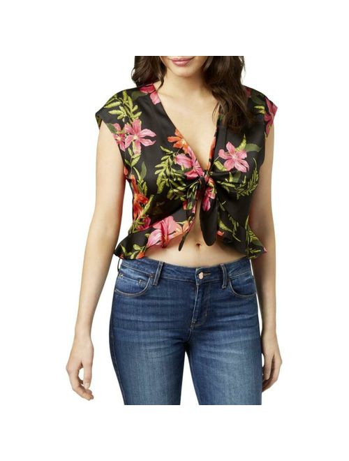 Guess Womens Phoenix Black Floral Print Tie-Front Crop Top Shirt M BHFO 2946