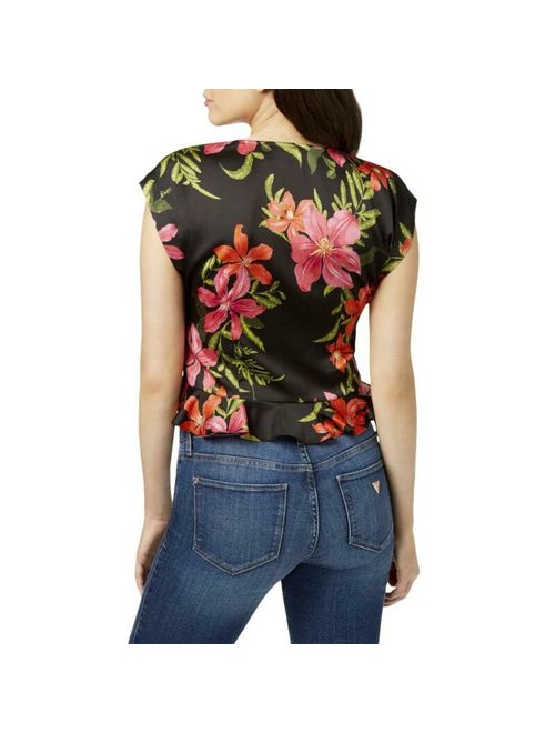 Guess Womens Phoenix Black Floral Print Tie-Front Crop Top Shirt M BHFO 2946