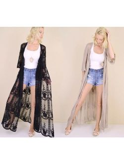 Women's Embroidered Sheer Lace Kimono Sleeve Long Duster Cardigan Maxi Black
