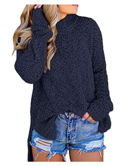 Imily Bela Womens Fuzzy Knitted Sweater Sherpa Fleece Side Slit Full Sleeve Jumper Outwears
