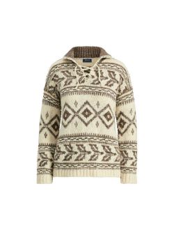 Women's Ralph Lauren Polo Wool Cashmere Geometric Lace Up Sweater New $398