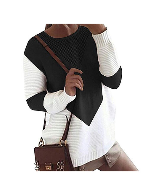 Women Long Sleeve Crew Neck Pullovers Stitching Color Loose Knitted Sweaters