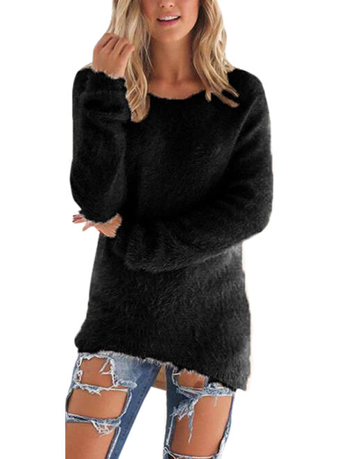 Women Velvet Fluffy Sweater Jumper Sweatshirt Long Sleeve Pullover Tops Blouse