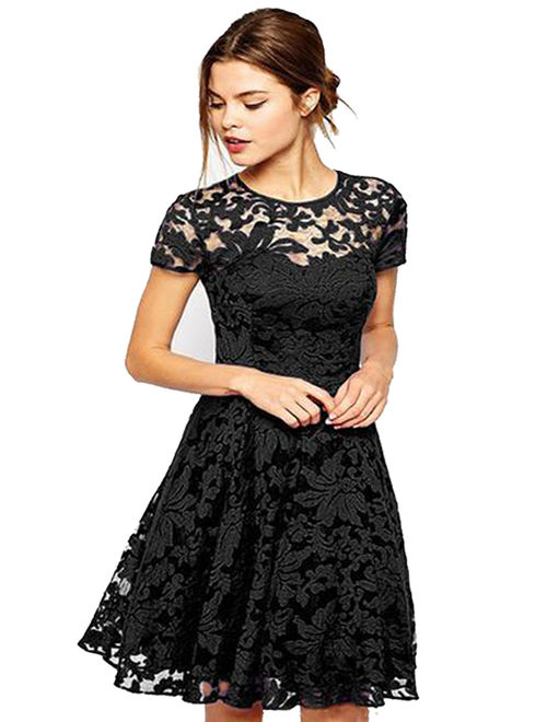 OUMY Women Short Sleeve Lace Cocktail Evening Party Mini Dress