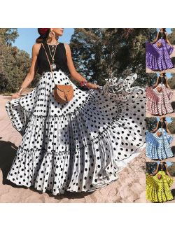 Women Fashion High Waist Polka Dot Printed Skirt Loose Ruffled Pleated Skirt