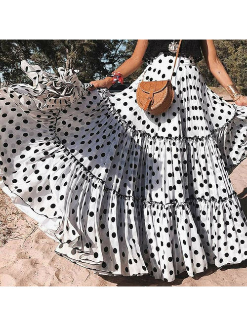 Women Fashion High Waist Polka Dot Printed Skirt Loose Ruffled Pleated Skirt