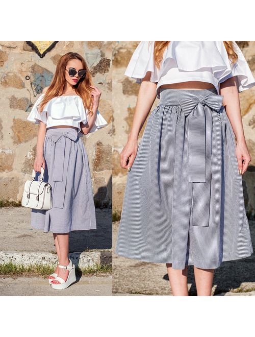Striped Skirt / High Waist Midi Skirt / Midi Skirt / Skirt With Belt / Midi Women's Skirts / Summer Skirt / Women's Skirt /Cotton Skirt