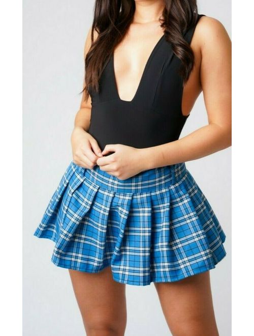 Pleated Tartan Mini Skirt Girls Women's Blue Check Party Club High Waist 084