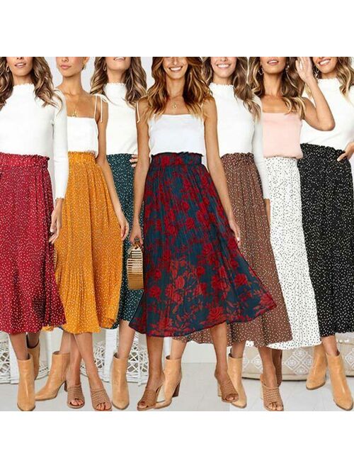 Flared swing floral summer pleated long skirt maxi dress new high waist women