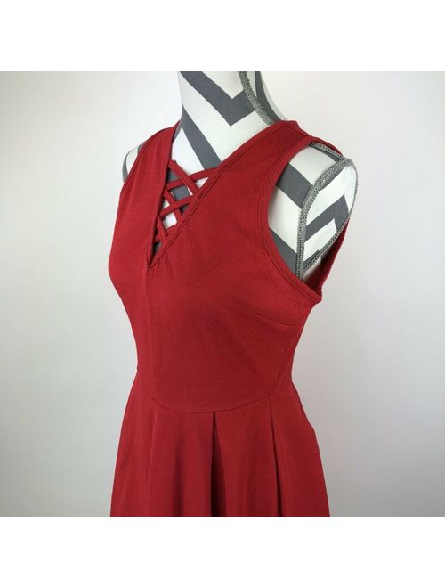 White Mark Womens Medium Red Sleeveless Stretch Criss Cross V-Neck Skater Dress