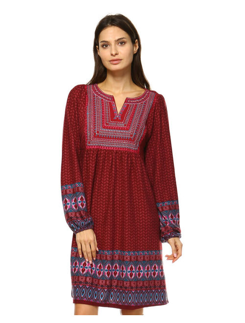 White Mark Bohemian Chic Long Sleeve Sweater Dress with Embroidered Queen Anne Collar