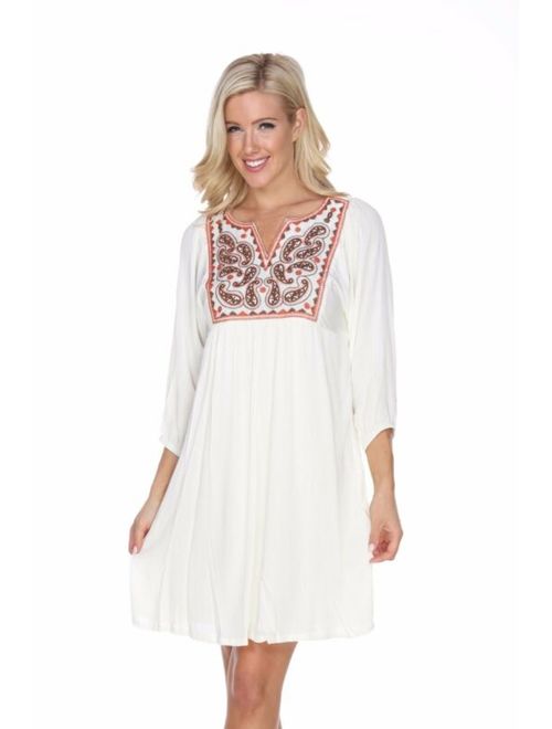 White Mark Paisley Embroidered Dress with Long Sleeves Above the Knee