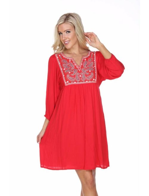 White Mark Paisley Embroidered Dress with Long Sleeves Above the Knee