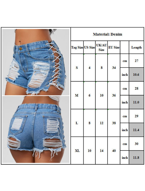Women's Lace Up Ripped Jeans Short Summer Casual Mini Denim Short Pants Trousers
