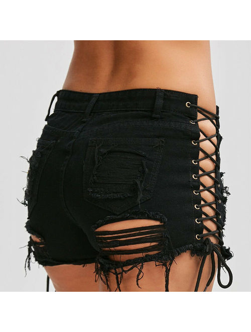 Women's Lace Up Ripped Jeans Short Summer Casual Mini Denim Short Pants Trousers