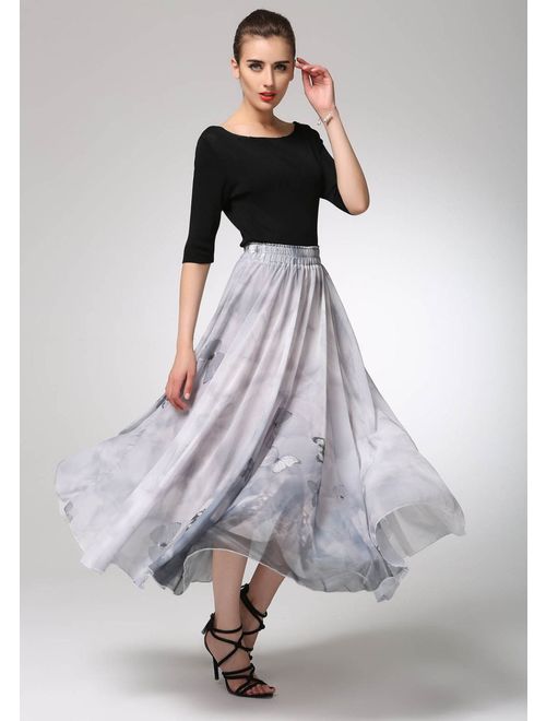 grey skirt, chiffon skirt, summer skirt, butterfly skirt, maxi skirt, fit and flare skirt, elastic skirt, plus size skirt 1296#