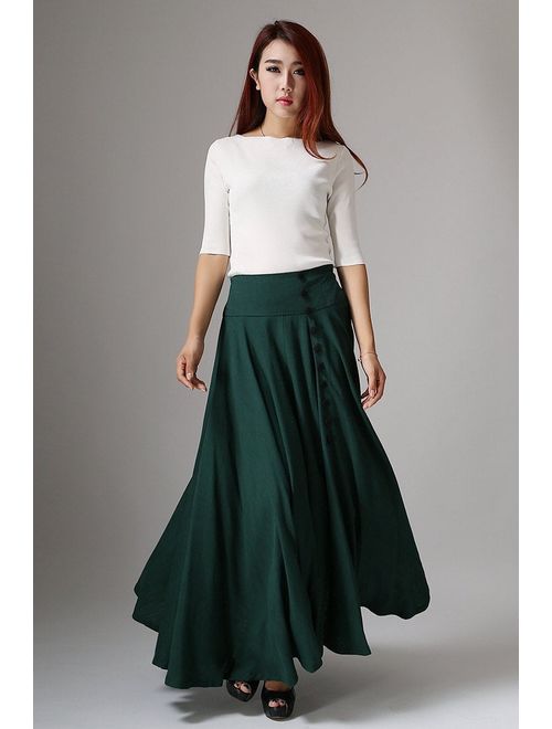 maxi skirt, Green skirt, linen skirt, buttoned skirt, casual skirt, pleated skirt, fall skirt, handmade skirt, plus size skirt 1040#