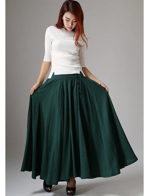 maxi skirt, Green skirt, linen skirt, buttoned skirt, casual skirt, pleated skirt, fall skirt, handmade skirt, plus size skirt 1040#