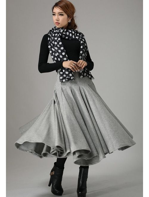 Buy light gray skirt, wool skirt, midi skirt, winter skirt, swing skirt,  pleated skirt, high waisted skirt, unique skirt, made to order 0748# online