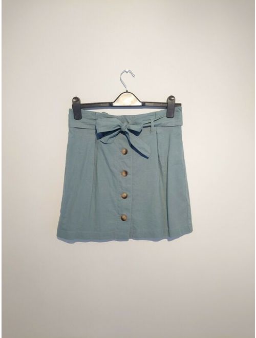 Topshop Size 12 Linen Paper Bag Skirt With Tortoise Shell Buttons Pale Blue Bow