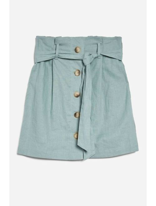 Topshop Size 12 Linen Paper Bag Skirt With Tortoise Shell Buttons Pale Blue Bow