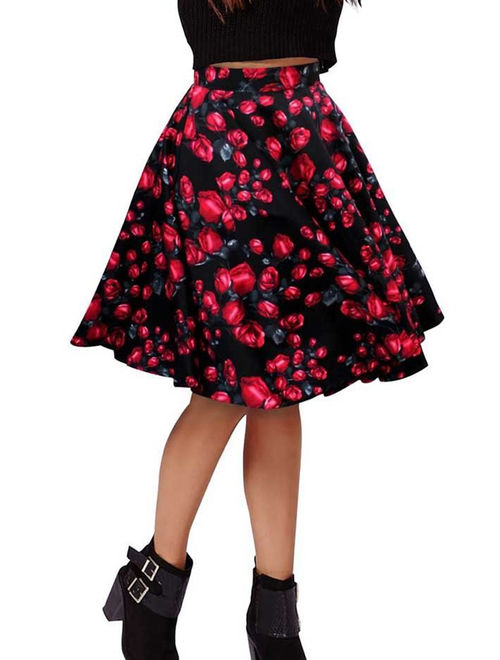 Vintage Women Casual Party Pleated Skirt Floral Print Solid Retro Skater Flared Swing A-Line Long Midi Mini Skirt Dress