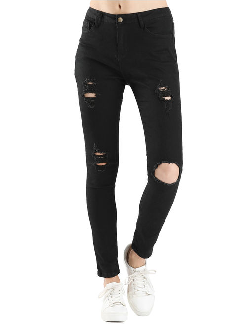 Women's Mid Rise Ripped Jeans Stretchy Denim Pants Jegging Black