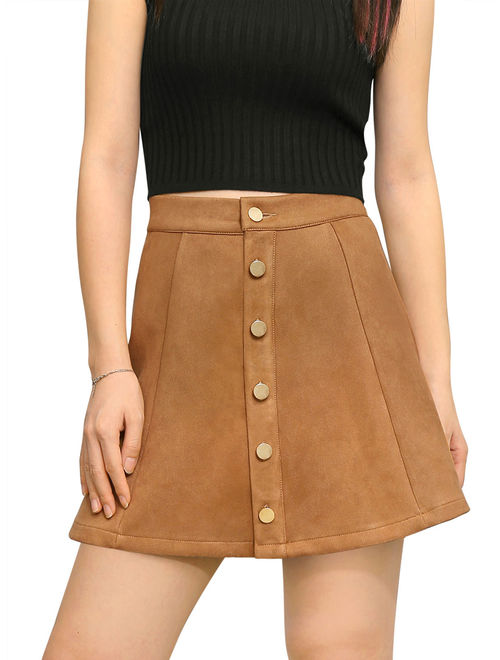 Unique Bargains Women's Faux Suede Front Button Mid Rise Mini A-Line Skirt (Size M / 10) Brown