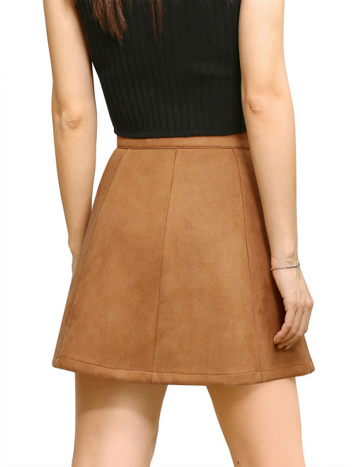 Unique Bargains Women's Faux Suede Front Button Mid Rise Mini A-Line Skirt (Size M / 10) Brown