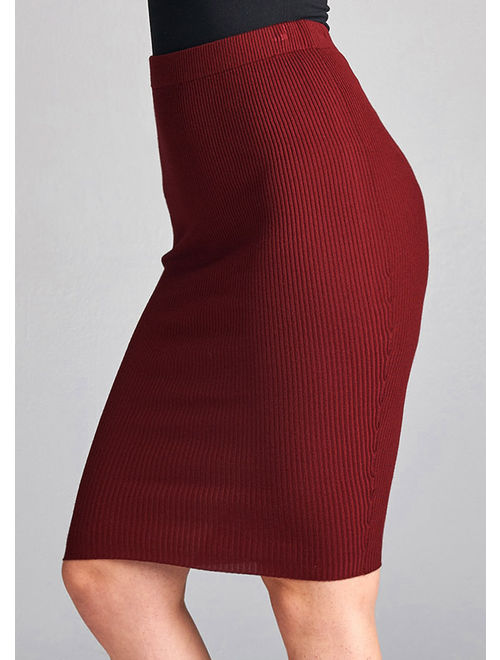 Womens Juniors Casual Careerwear Wer to Work Solid Burgundy Ribbed Knit Bodycon Pencil Knee Length Midi Skirt 41010V