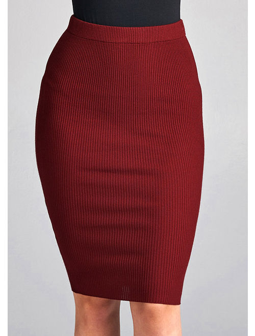Womens Juniors Casual Careerwear Wer to Work Solid Burgundy Ribbed Knit Bodycon Pencil Knee Length Midi Skirt 41010V