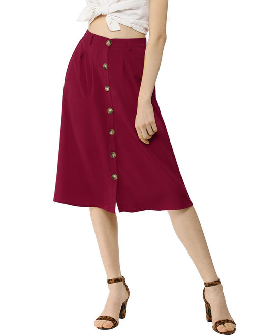 Women's Button Front High Waist Belted Flare Skirt (Size XS / 2) Burgundy