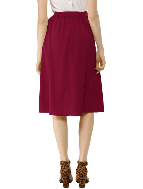 Women's Button Front High Waist Belted Flare Skirt (Size XS / 2) Burgundy